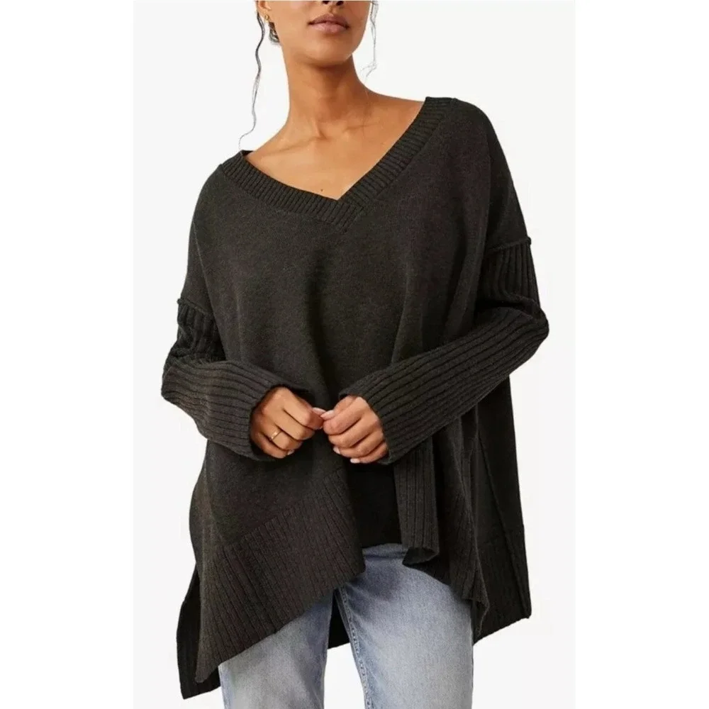 Free People V Neck Oversized Gray Sweater Womens Small Lagenlook Boho NEW